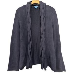 White + Warren Women’s M Blue Cotton Sweater Knit Braided Front Open Cardigan